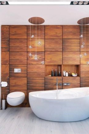 Houtachtige tegels in het badkamerinterieur: afwerkingen en kenmerken naar keuze