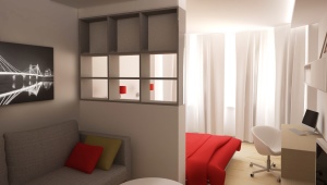Entwurf eines Schlafzimmer-Wohnzimmers mit einer Fläche von 16 qm. m
