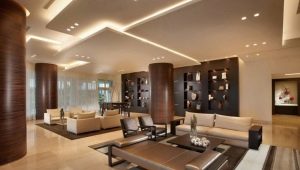 Multilevel plasterboard ceilings with lighting in the interior