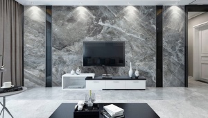 How is marble used and combined with in the interior?